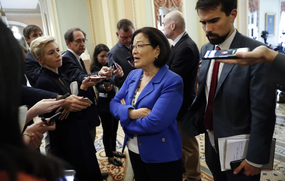 Sen. Mazie Hirono, D-Hawaii, speaks to members of the media on Capitol Hill in Washington, Tuesday, Sept. 18, 2018. (AP Photo/Pablo Martinez Monsivais)