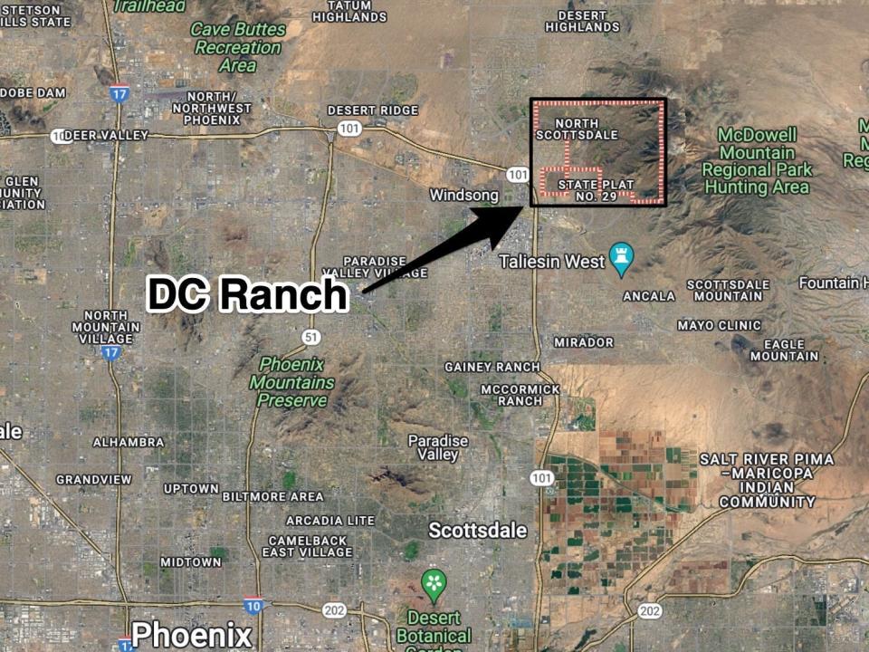 A satellite map of Arizona with an arrow pointing to DC Ranch in Scottsdale.