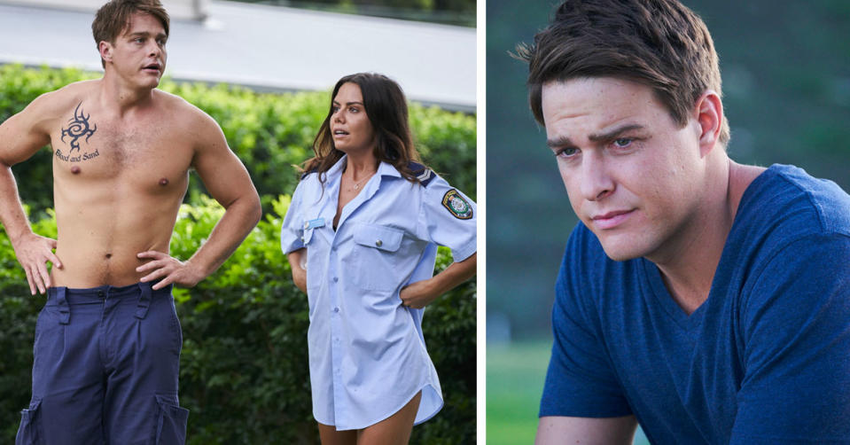 L: Tim Franklin and Emily Weir on Home and Away. R: Tim Franklin looking concerned