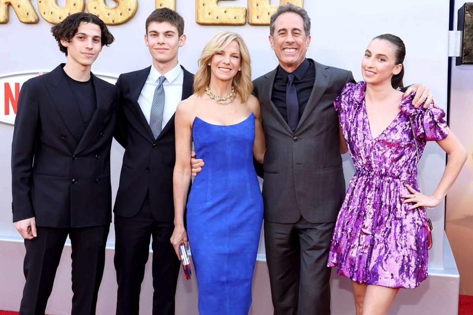<p> Amy Sussman/Getty Images</p> Julian Seinfeld (left), Shepherd Seinfeld, Jessica Seinfeld, Jerry Seinfeld and Sascha Seinfeld attend the premiere of 