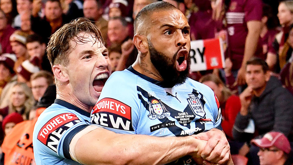 Pictured right, Josh Addo-Carr celebrates scoring a try in State of Origin.