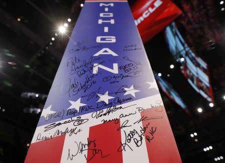 A signed Michigan delegation sign is seen at the Republican National Convention in Cleveland, Ohio, U.S. July 18, 2016. REUTERS/Brian Snyder