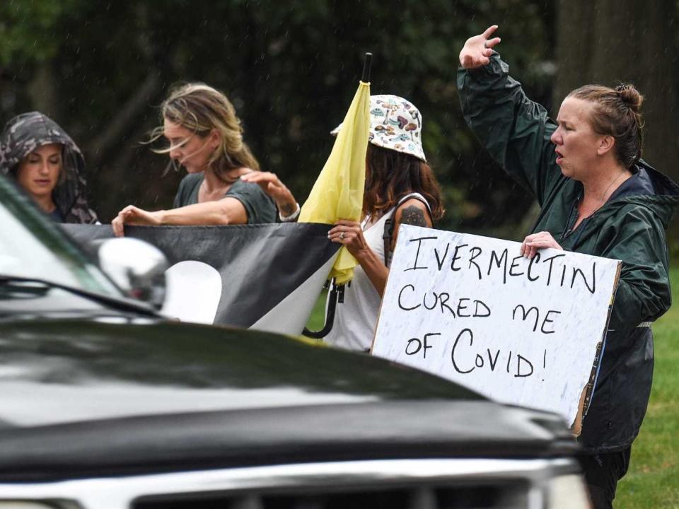 Protesters stand in the rain. One holds a sign that reads 'ivermectin cured me of COVID!'