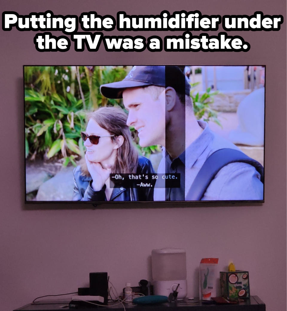 Two people on a TV screen that has a thick vertical line on it, with caption "Putting the humidifier under the TV was a mistake"