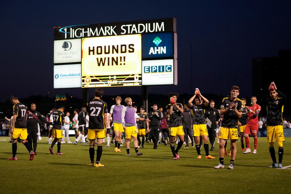 Crew players applaud the traveling group of supporters following their loss to the Pittsburgh Riverhounds on Wednesday.