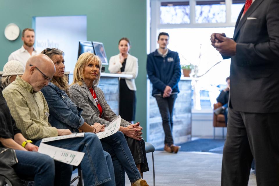 Constituents listen as Former Indiana Attorney General Curtis Hill, Republican candidate for Indiana Governor, speaks, Tuesday, March 19, 2024, at MaxLiving Indy, a chiropractic facility on the Northside of Indianapolis.