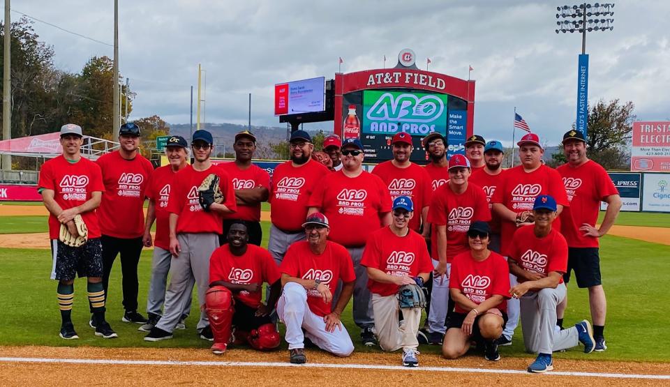 While living in Louisville, Jim Stecklow (front row, second from left) managed this Alternative Baseball Organization team for teens and adults with intellectual and other disabilities, including Brandon Bishop (middle row, second from right, hands on knees). Now Stecklow is forming an alternative baseball team in Jacksonville.