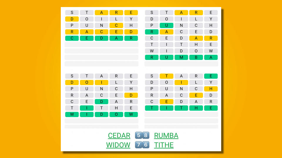 Quordle answers for game 520 on a yellow background