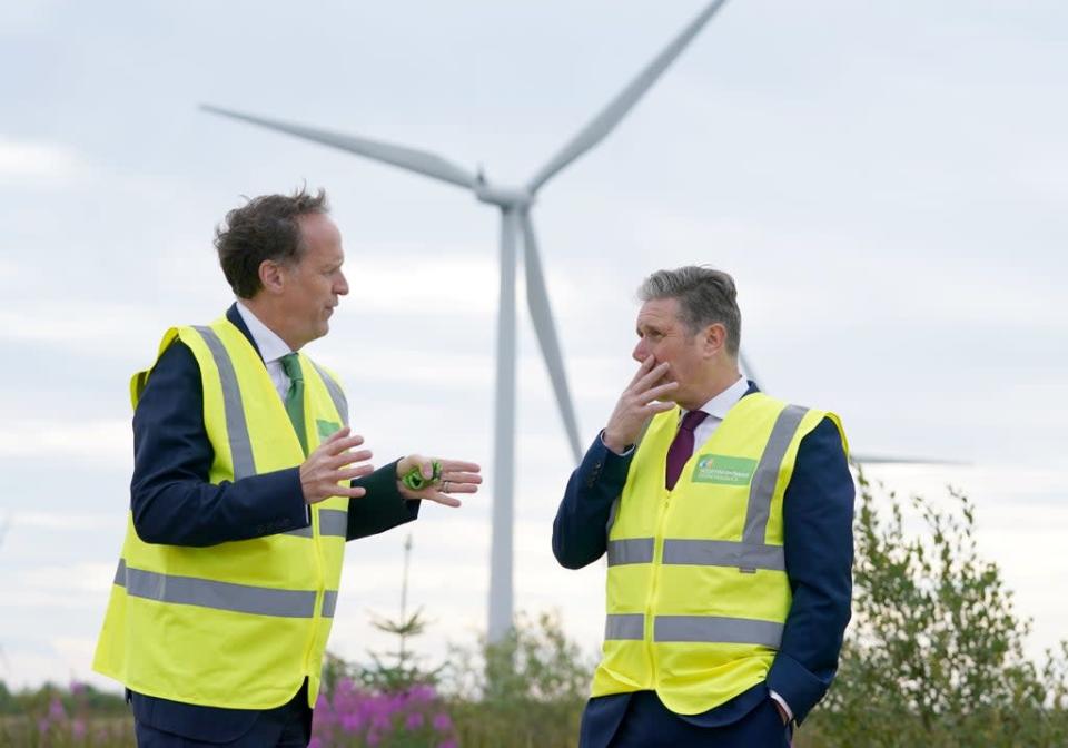 Labour leader Sir Keir Starmer, right, talks to ScottishPower&#x002019;s chief executive, Keith Anderson, during a visit to a wind farm in Scotland (Andrew Milligan/PA) (PA Wire)