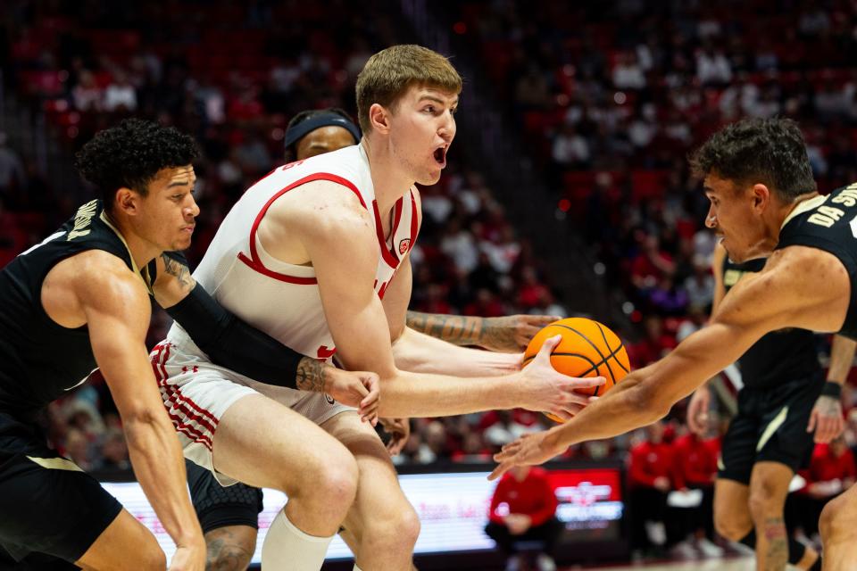 Utah Utes center Lawson Lovering (34) holds the ball during the men’s college basketball game between the Utah Utes and the Colorado Buffaloes at the Jon M. Huntsman Center in Salt Lake City on Saturday, Feb. 3, 2024. | Megan Nielsen, Deseret News