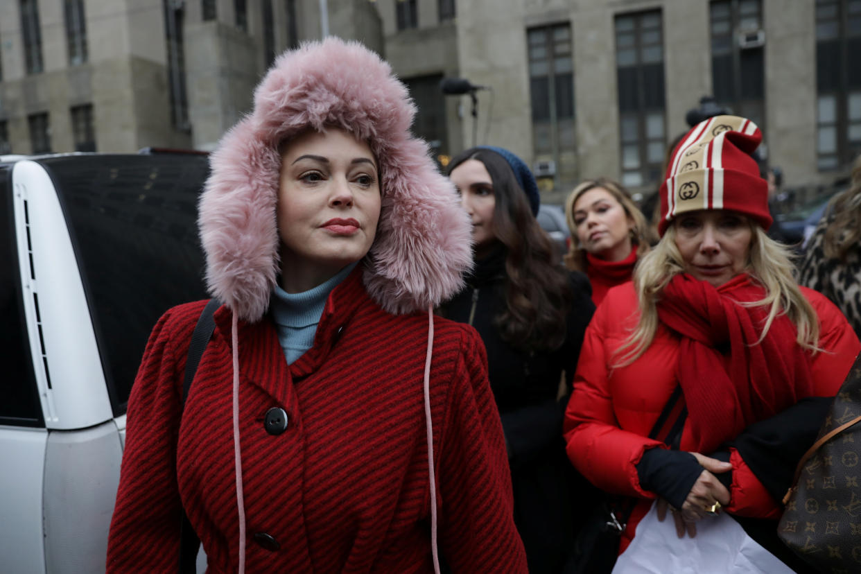 Rose McGowan (pictured outside the Harvey Weinstein trial last month) stood up for Gayle King for referencing Kobe Bryant's sexual assault allegations. (Photo: REUTERS/Jeenah Moon)