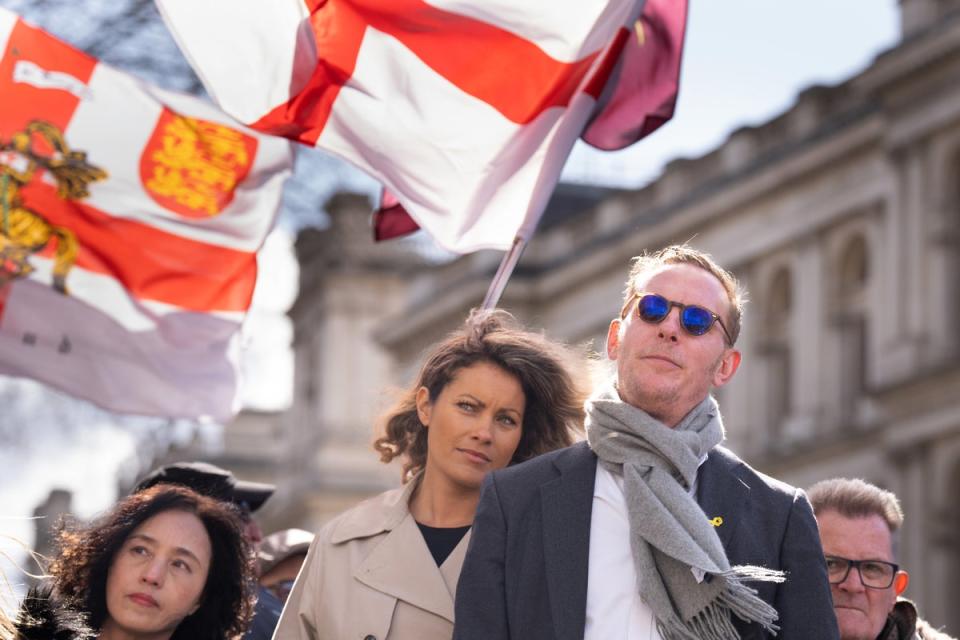 Laurence Fox with girfriend Elizabeth ‘Liz’ Barker attending the ‘Rally for British Culture’ protest, organised by Turning Point UK, at the Cenotaph in Whitehall, London (Stefan Rousseau/PA Wire)