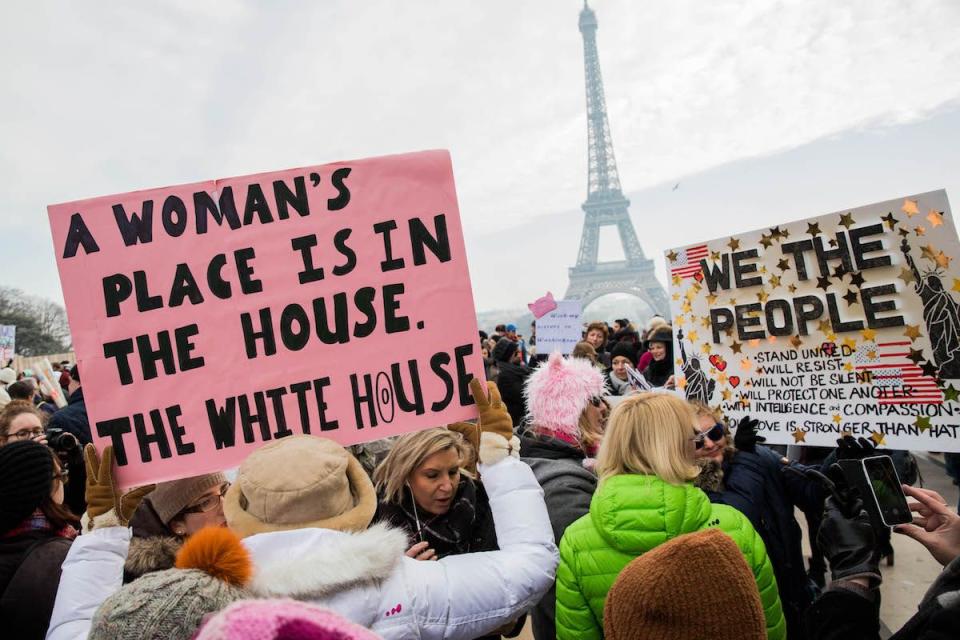 <p>Parisians took part in the Women's March in January 2017.</p><p><strong>RELATED: </strong><a href="https://www.redbookmag.com/life/news/a48213/womens-march-washington-best-signs/" rel="nofollow noopener" target="_blank" data-ylk="slk:The 47 *Nastiest* Signs From the Women's March;elm:context_link;itc:0;sec:content-canvas" class="link "><strong>The 47 *Nastiest* Signs From the Women's March</strong></a></p>