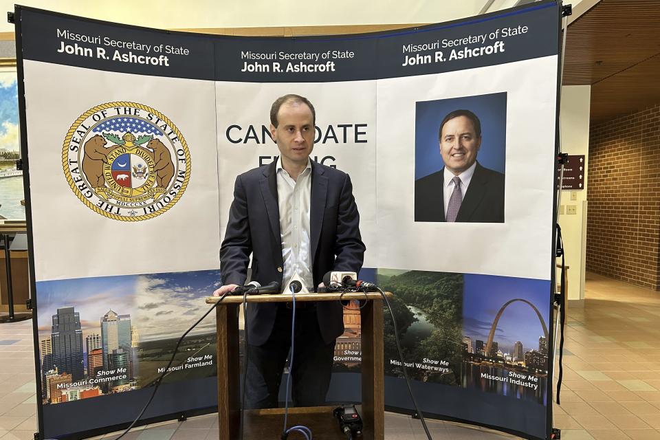 FILE - In this Tuesday, Feb. 27, 2024 photo, Will Scharf speaks at the James C. Kirkpatrick State Information Center in Jefferson City, Mo. Scharf is seeking the Republican nomination for attorney general. (Jack Suntrup/St. Louis Post-Dispatch via AP)