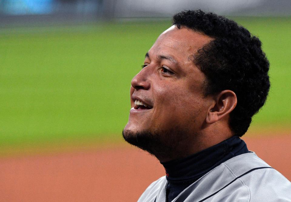 Miguel Cabrera of the Detroit Tigers walks to the dugout prior to a game against the Kansas City Royals at Kauffman Stadium on September 25, 2020 in Kansas City, Missouri.