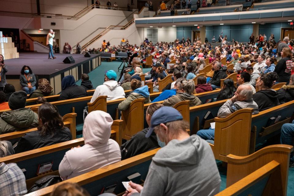 The sanctuary at Grace Baptist Church is filled with people listening to a message of salvation from Dr. Bobby Lewis during the Feed the 5,000 event held Saturday, Nov. 20, 2021.