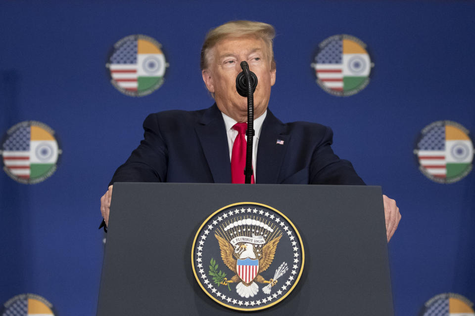 U.S.President Donald Trump speaks during a news conference, Tuesday, Feb. 25, 2020, in New Delhi, India. (AP Photo/Alex Brandon)