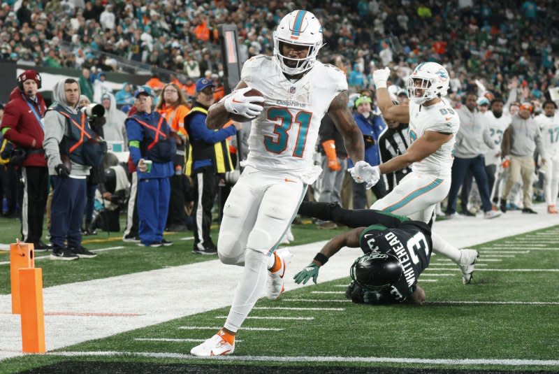 Miami Dolphins veteran Raheem Mostert tied for the league-lead in touchdowns last season. File Photo by John Angelillo/UPI