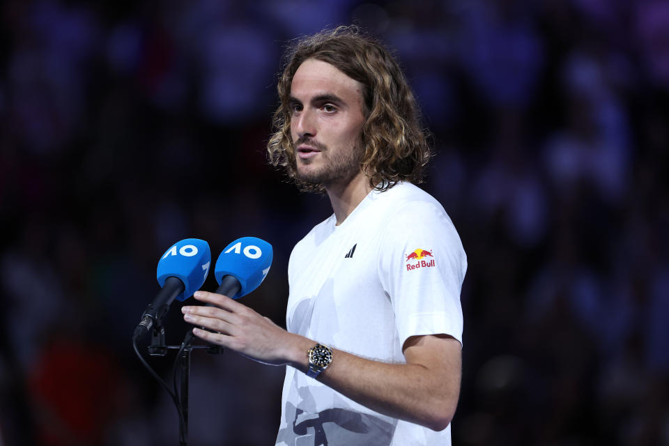 Stefanos Tsitsipas, pictured here delivering an incredibly classy speech after the Australian Open final.