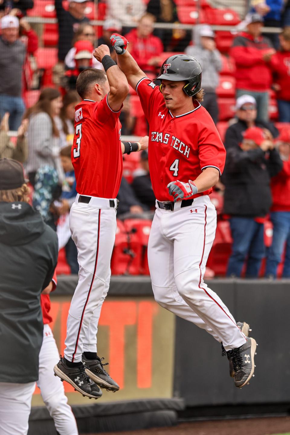 Texas Tech's Kevin Bazzell (4) celebrates hitting a home run Saturday in the Red Raiders' 7-5 loss to Oklahoma at Dan Law Field/Rip Griffin Park. The series finale is scheduled for 2 p.m. Sunday.
