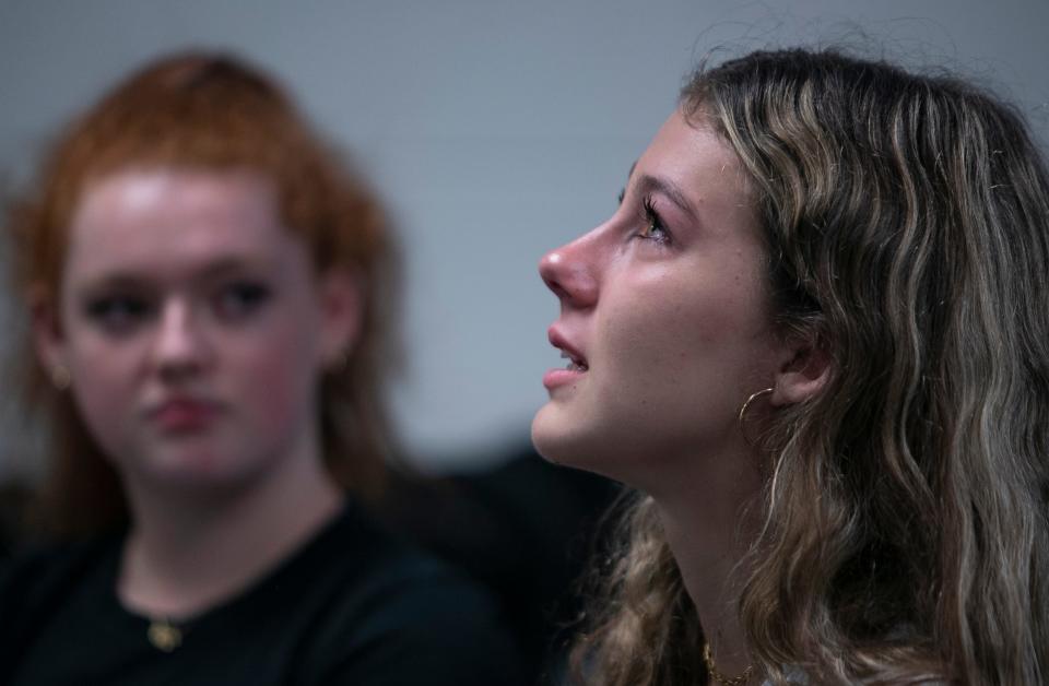 Brighten Sedmack, right, begins to cry while discussing Hurricane Ian and the impact it caused her family and friends. She was being interviewed by The News-Press Friday, October 14, 2022. They all were severely impacted by the effects of Hurricane Ian. 