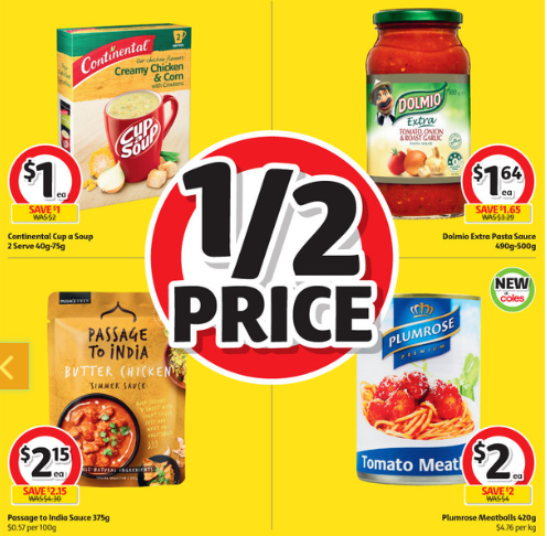 Four Coles half-price deals, including soup, pasta sauce, butter chicken sauce and meatballs. 