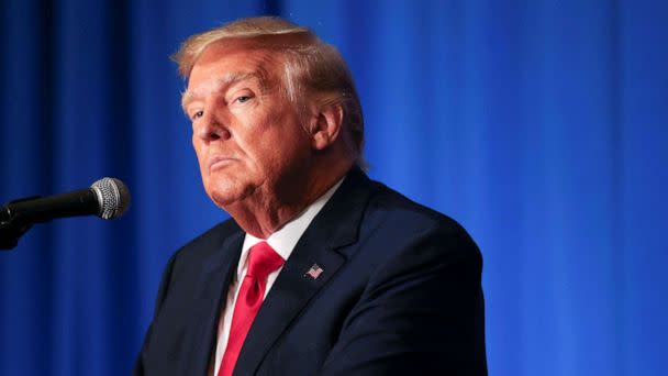 PHOTO: Former President and Republican presidential candidate Donald Trump speaks at the New Hampshire Federation of Republican Women Lilac Luncheon in Concord, N.H., on June 27, 2023. (Reba Saldanha/Reuters)