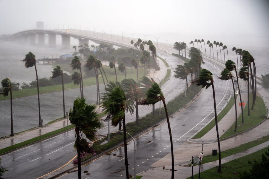 Wind gusts blow across Sarasota Bay as Hurricane Ian churns to the south on September 28, 2022, in Sarasota, Florida. (Photo by Sean Rayford/Getty Images)