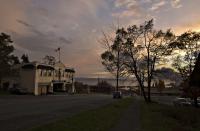 The Patricia Theatre is seen at dusk by the Powell River. (Reuters)