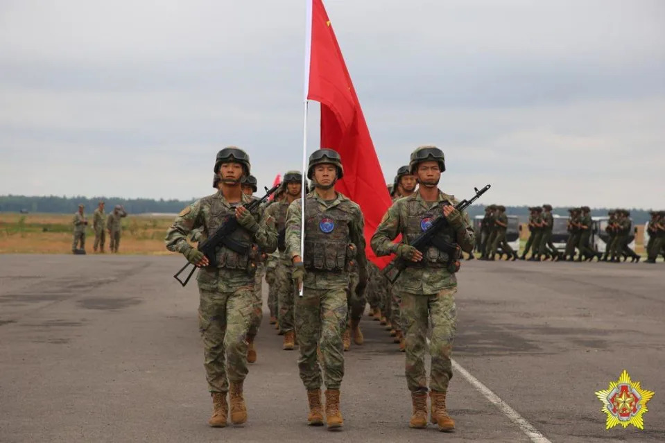 Chinese troops on parade after their arrival in Belarus. <em>Belarusian Ministry of Defense via X</em>