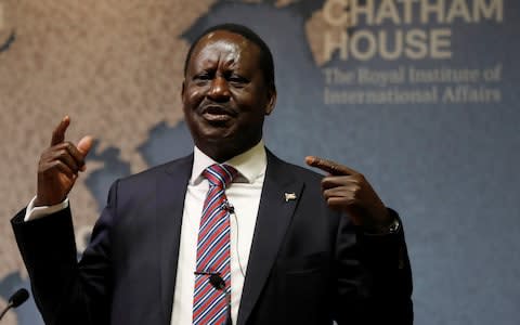 Kenya's opposition party leader, Raila Odinga, speaks to an audience at Chatham House in London on October 13, 2017 - Credit:  REUTERS
