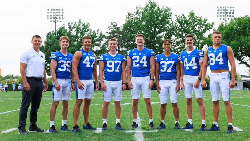 BYU’s kickers, punters and long snappers pose for a group shot in Provo Aug. 9, 2023.