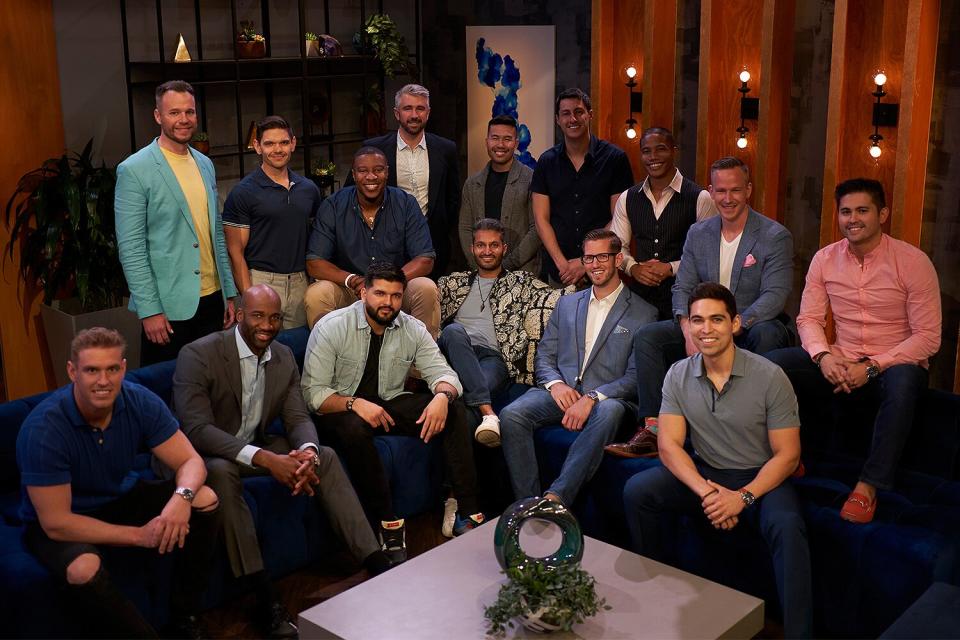 Love Is Blind S2. (L to R) Shayne Jansen, Nick Thompson, Brandon McGhee, Kyle Abrams, Jarrette Jones, Haseeb Hussain, Joey Miller, Abhishek Chatterjee, Brian Ngo, Vito Slamone, Jason Beaumont, Rocky Smith, Jeremy Hartwell, Salvador Perez, Julius Cacho in Love Is Blind