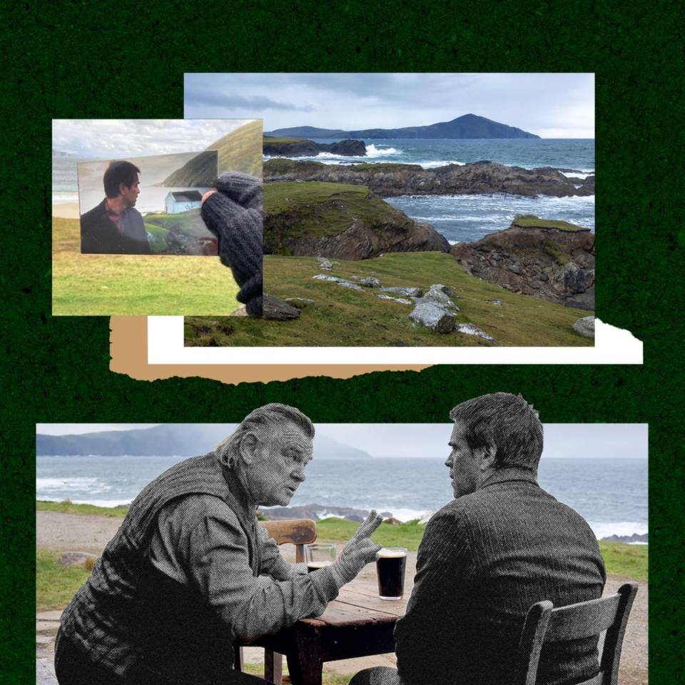 <div class="inline-image__caption"><p>Colin Farrell and Brendan Gleeson’s characters have a view of the Cloughmore coast from where they sip their pints.</p></div> <div class="inline-image__credit">Photo Illustrations by Luis G. Rendon/The Daily Beast/Courtesy of Searchlight Pictures, Emma Fraser, and Tourism Ireland</div>
