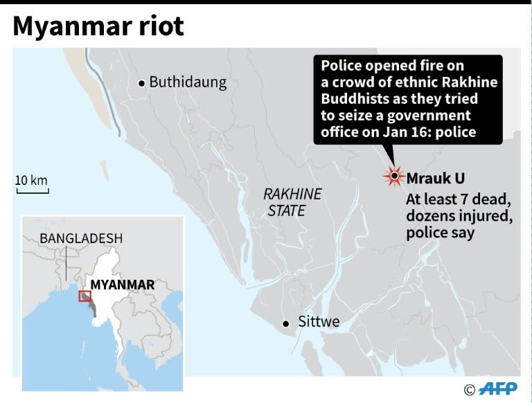 Map of Myanmar's Rakhine state locating riot in Mrauk U