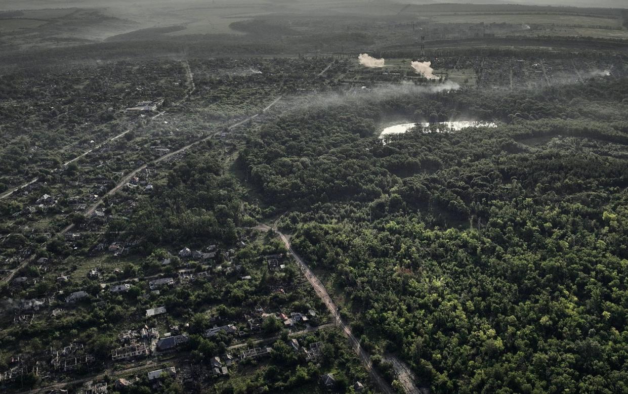 An aerial view of a ruined and uninhabitable city on July 3, 2024 in Chasiv Yar, Ukraine. Over the past week, the Russian army has advanced significantly on all fronts. In the city of Chasiv Yar, the Armed Forces of Ukraine lost control over the "Novy" district on July 2