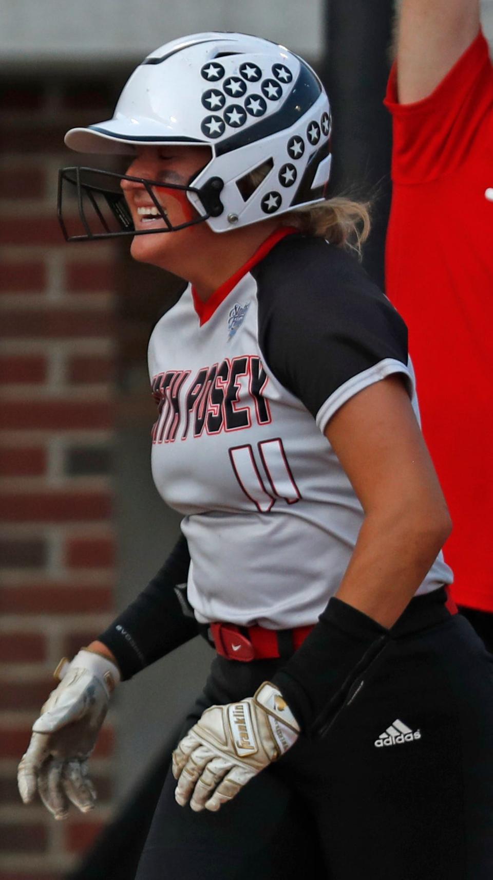 North Posey Vikings Erin Hoehn (11) rounds the bases after hitting a walk-off homer during the IHSAA Class 2A Softball State Final against the Andrean Fighting 59ers, Friday, June 9, 2023, at Purdue University’s Bittinger Stadium in West Lafayette, Ind. North Posey won 3-0.