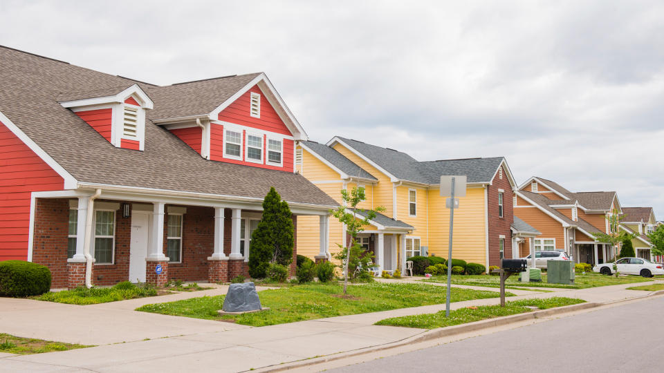 Nashville, United States - May 5, 2016: Single family residential homes are painted different colors in a Tennessee neighborhood.