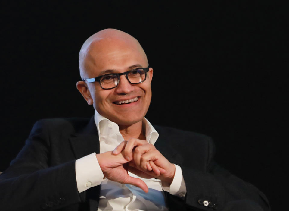 Satya Nadella, Chief Executive Officer of Microsoft, reacts as he attends Microsoft's 'Young Innovators' Summit' in New Delhi, India February 26, 2020. REUTERS/Anushree Fadnavis