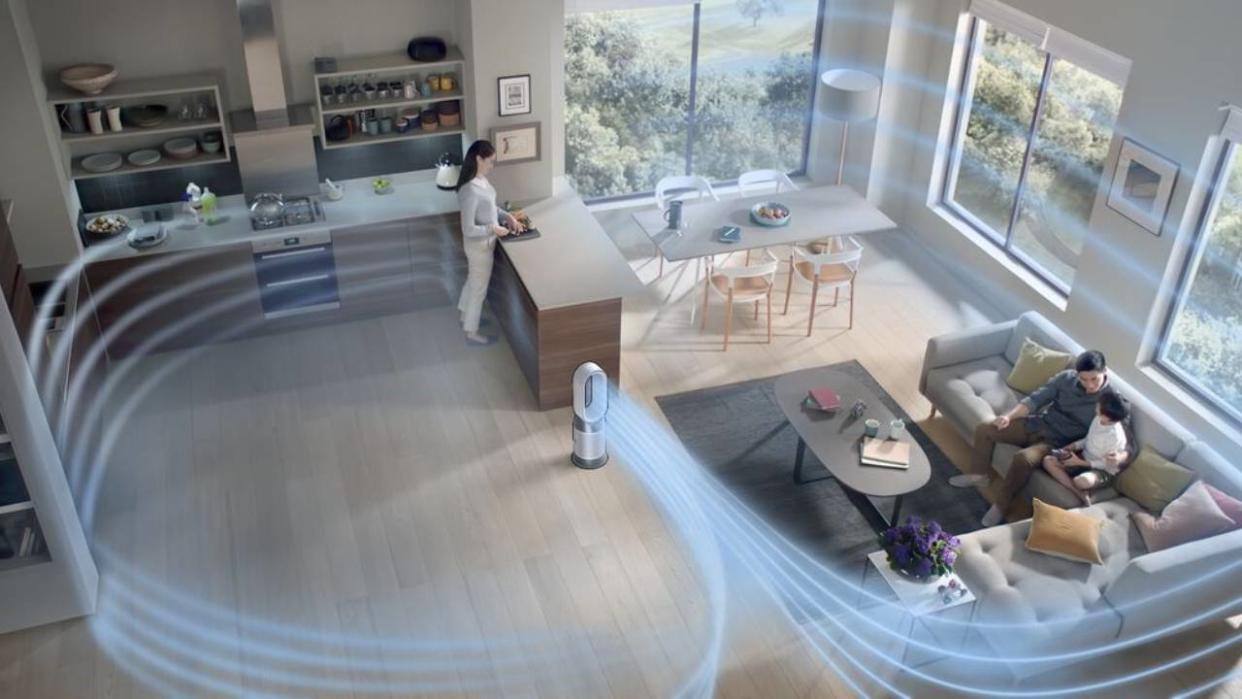  A Dyson air purifier sat in a home purifying the room. 