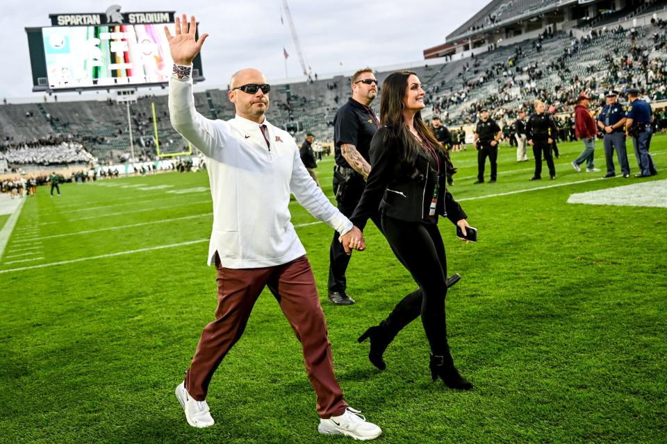 Minnesota's head coach P.J. Fleck waves to fans after beating Michigan State on Saturday, Sept. 24, 2022, at Spartan Stadium in East Lansing.