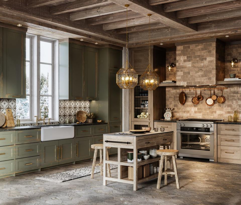 3d rendering of kitchen island with stools in cottage