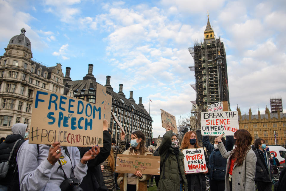 Demonstrators packed Parliament Square to protest against the death of Sarah Everard and a new policing bill.