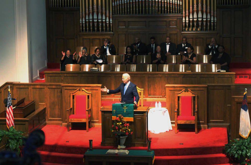 FILE - In this Sunday, Sept. 15, 2019, file photo, former vice president and Democratic presidential candidate Joe Biden attends a service at 16th Street Baptist Church in Birmingham, Ala. Visiting the black church bombed by the Ku Klux Klan in the civil rights era, Democratic presidential candidate Biden said Sunday the country hasn't "relegated racism and white supremacy to the pages of history" as he framed current tensions in the context of the movement's historic struggle for equality. (Ivana Hrynkiw/The Birmingham News via AP, File)
