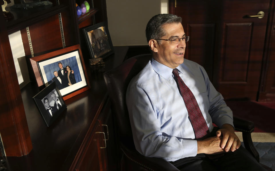 FILE - In this Oct. 10, 2018, file photo, California Attorney General Xavier Becerra discusses various issues during an interview with The Associated Press, in Sacramento, Calif. Becerra said he took the attorney general’s job to protect what he expected to be an onslaught against many of the issues he championed as a 12-term Democratic congressman. (AP Photo/Rich Pedroncelli, File)