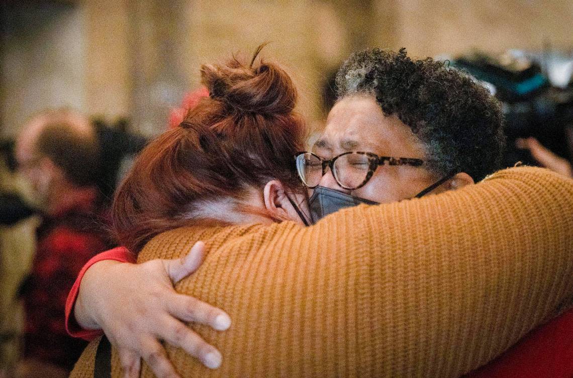 Sheryl Ferguson, right, an organizer with It’s Time 4 Justice, embraced a friend outside the courtroom in November after Eric DeValkenaere, a Kansas City police detective, was found guilty of manslaughter in the 2019 killing of Cameron Lamb.