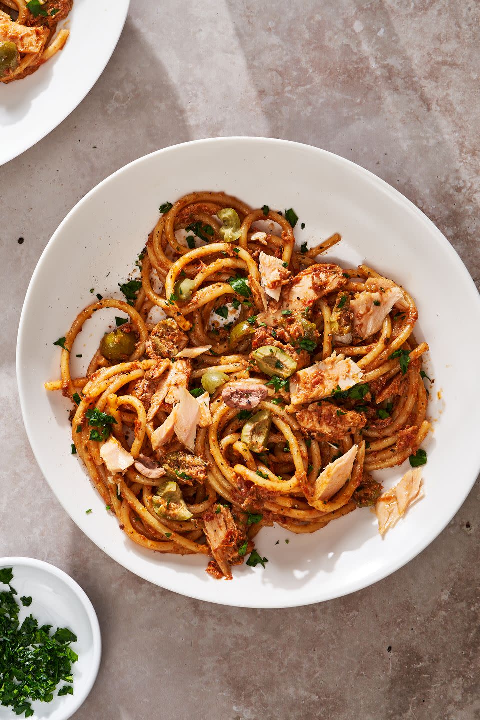 one pan tuna pasta filled with sundried tomatoes, olives, capers and anchovies