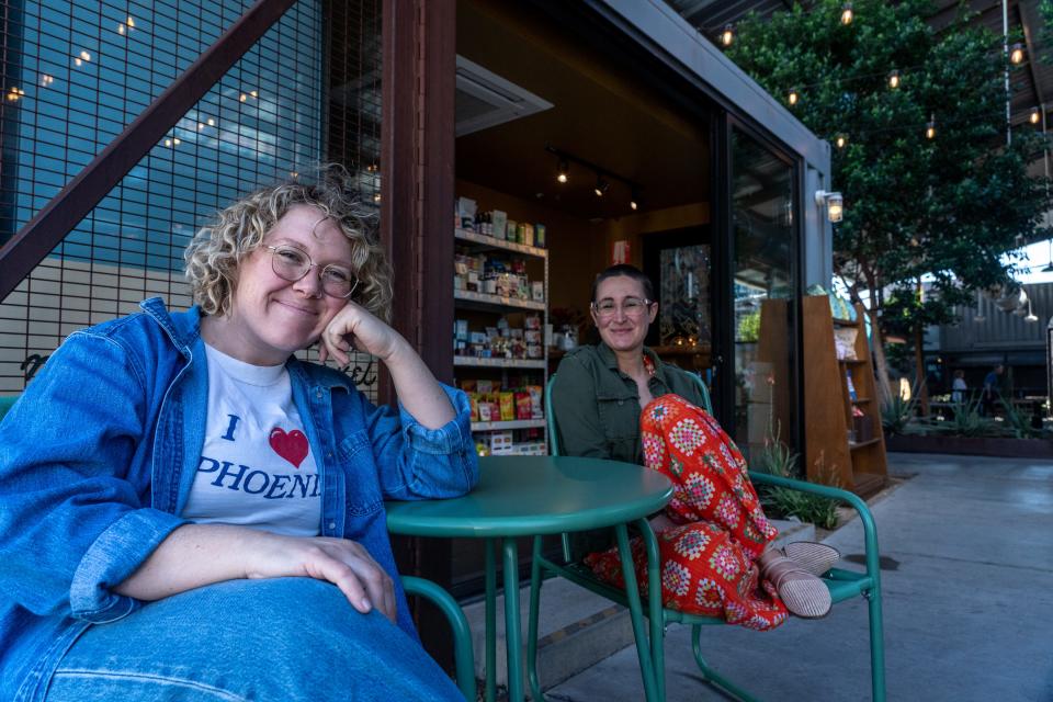 Neighbor Market co-owners Kaitlynn Boyd (left) and Asta Fletcher pose for a portrait inside their shop at The Churchill in downtown Phoenix on March 24, 2023.