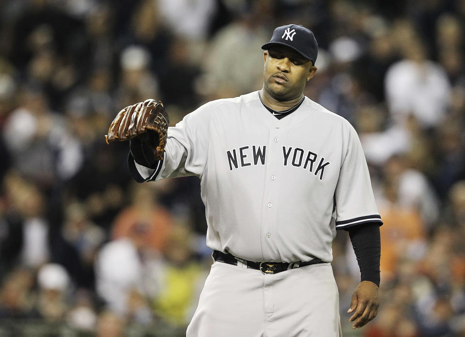 DETROIT - OCTOBER 03: C.C. Sabathia #52 of the New York Yankee reacts after giving up a run in the sixth inning during Game Three of the American League Division Series at Comerica Park on October 3, 2011 in Detroit, Michigan. (Photo by Leon Halip/Getty Images)