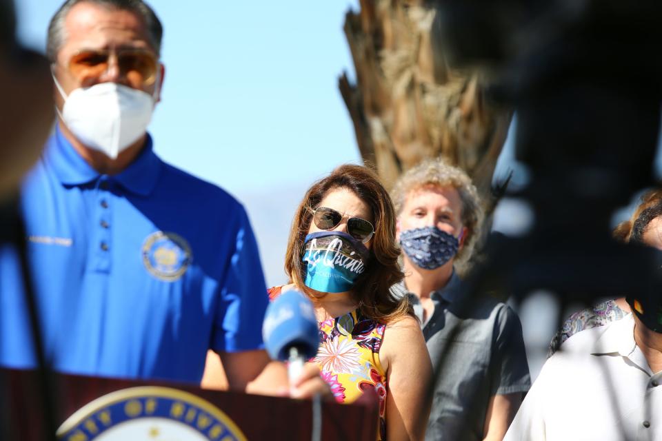 Riverside County Supervisor V. Manuel Perez, left, City of La Quinta Mayor Linda Evans and City of Palm Springs Mayor Geoff Kors were tested for coronavirus at the Riverside County Fairgrounds in Indio, Calif., on Wednesday, May 27, 2020. It's part of a campaign to encourage the public to be tested.